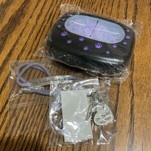 Bracelet with paw charm, heart necklace & container with purple rubber bands
